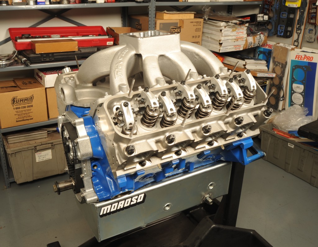 big block v8 partially assembled on engine stand