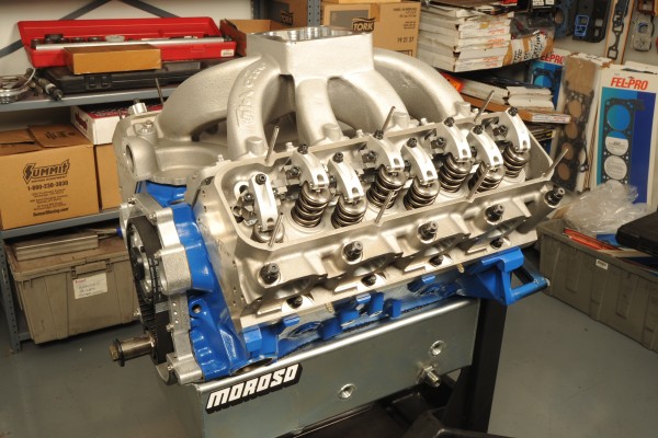 big block v8 partially assembled on engine stand
