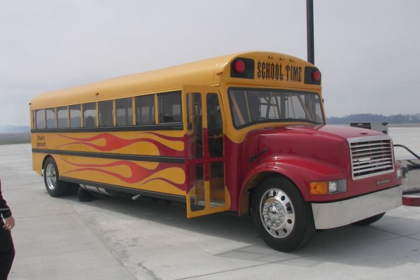 hot rod school bus with flame paint job
