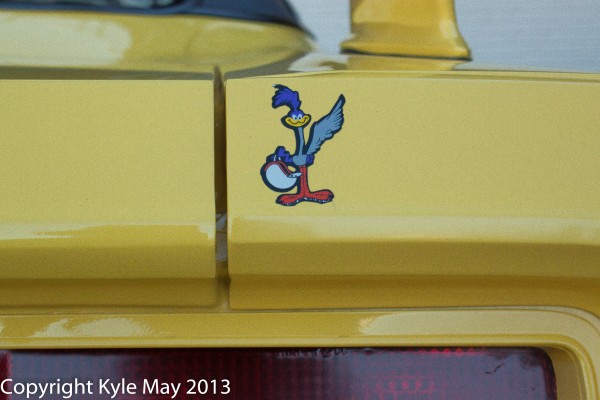 close up of road runner sticker on the back of a Plymouth muscle car
