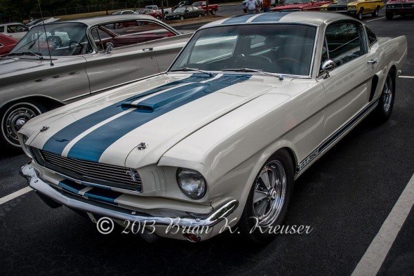white and blue Shelby ford mustang GT350 at cruise in