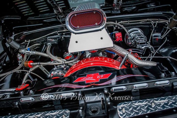engine bay of a customized chevy hot rod