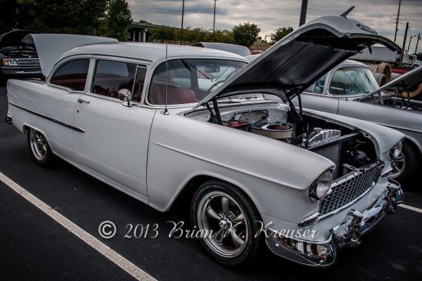 custom white 1955 chevy hot rod post coupe