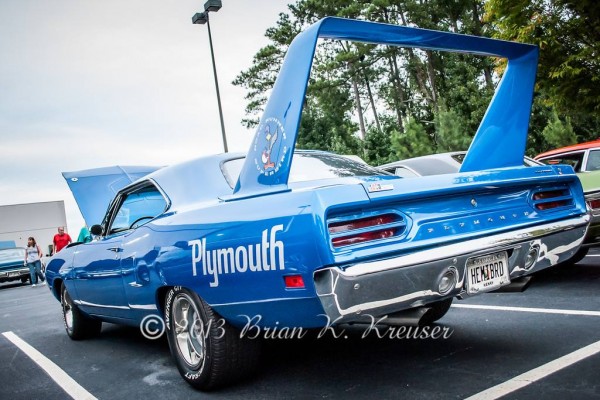 rear view of spoiler on a blue 1970 plymouth roadrunner superbird