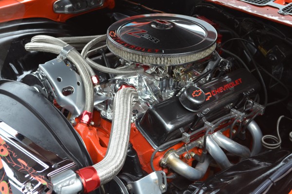 Small block chevy v8 engine in a camaro Z28
