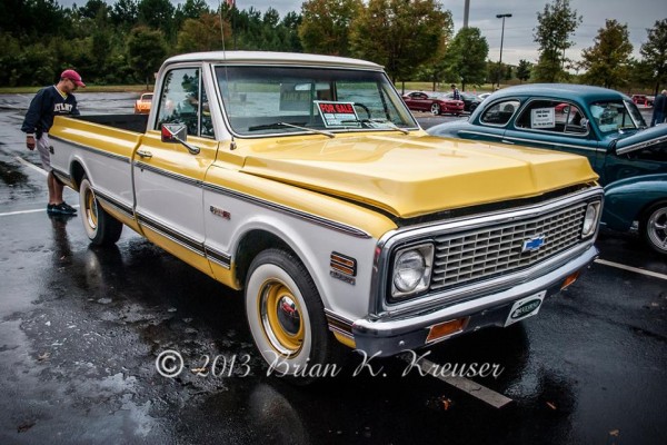 vintage yellow and white chevy c10 Cheyenne pickup truck