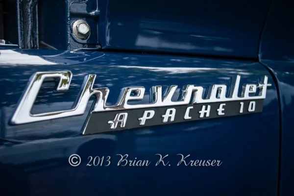 Close up of Chevrolet Apache 10 truck fender emblem