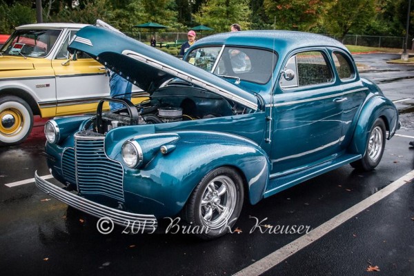 Vintage blue prewar chevy hot rod coupe