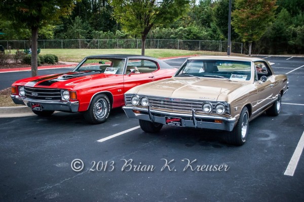 a pair of second and first gen chevy chevelle coupes