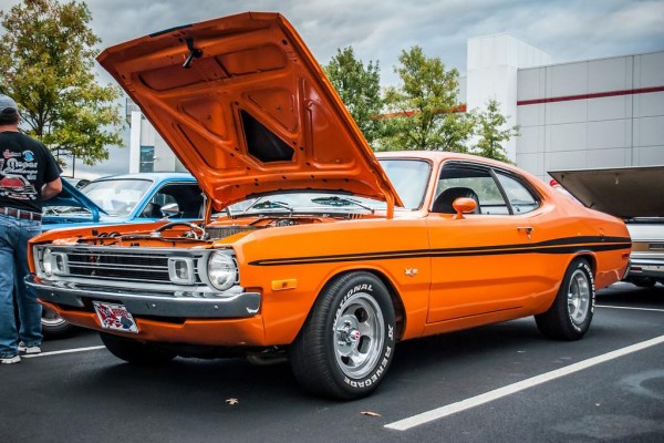 orange dodge demon muscle car at Summit Racing