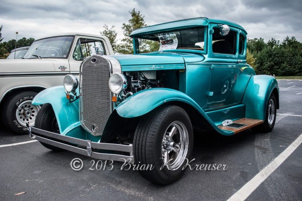 custom fendered blue ford five window hot rod cope