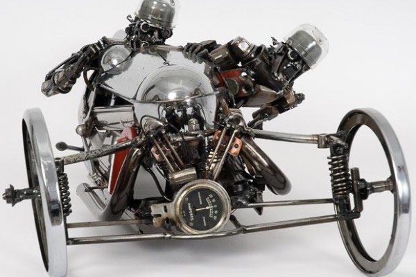 three wheel vintage race car mechanical art sculpture