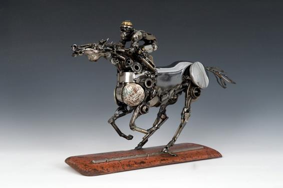 horse and jockey mechanical art sculpture