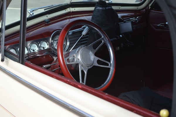 interior dash, gauges, and steering wheel of a custom 1948 Chevy Fleetmaster