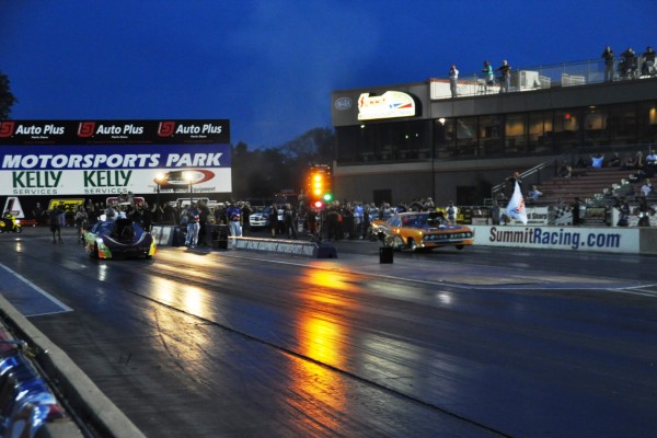 the start of a drag race at night