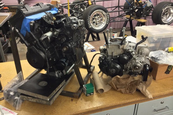 university of Akron formula SAE race team engine on workbench