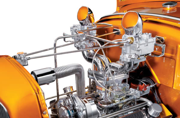 twin carburetors and custom intake on a 1930 hotrod ford coupe