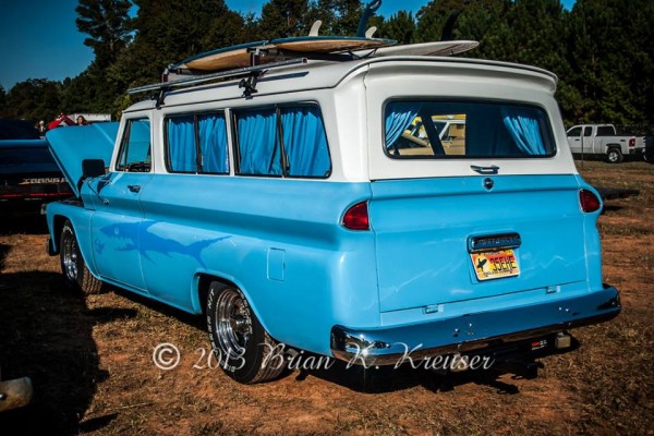 rear view of a vintage chevy suburban surf wagon