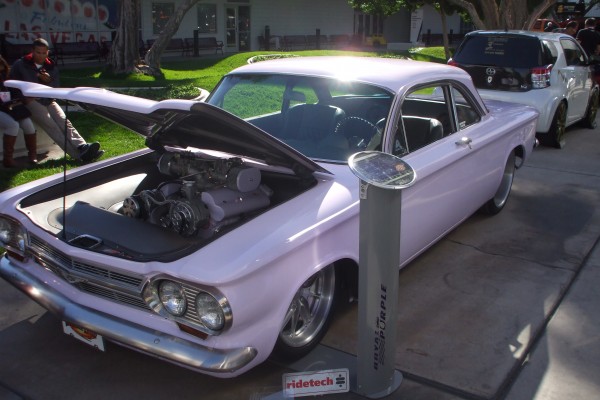 custom pink chevy corvair with front engine v8 swap