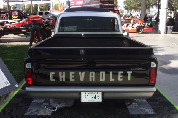 rear view of a Customized Chevy C10 Squarebody lowrider pickup truck