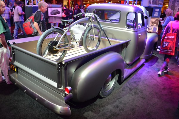 hot rod pickup truck with E-bike in the bed