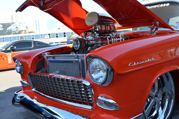 Supercharged engine in a pro street 1955 Chevy Bel Air