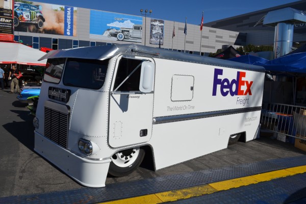 slammed vintage fedex delivery van show car displayed at SEMA 2013