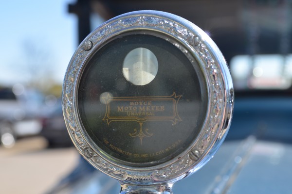 close up of radiator coolant cap gauge/hood ornament on a 1927 Willys Overland Sedan Hot Rod