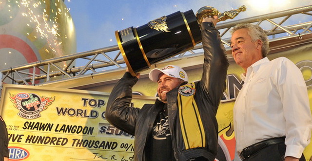 Shawn Langdon lifts nhra championship trophy in 2013