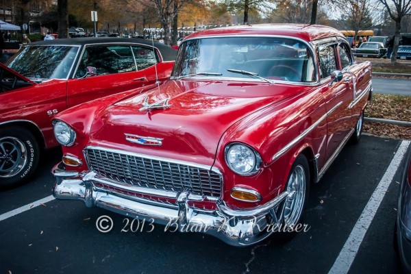 red 1955 chevy bel air post coupe