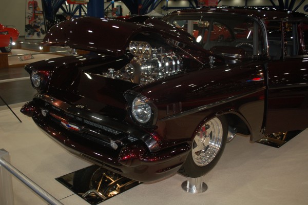 supercharged v8 engine in a custom 1957 Chevy Belair