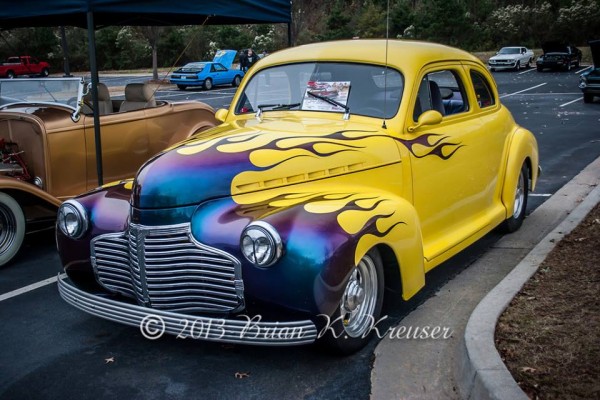 yellow and purple hot rod coupe with flame paint