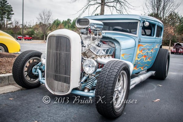 vintage ford Tudor hot rod with v8 and flame paint job