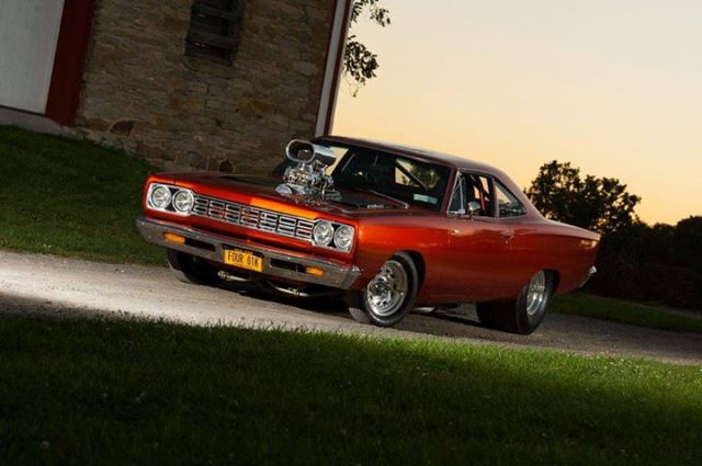 vintage plymouth roadrunner with a supercharged hemi v8