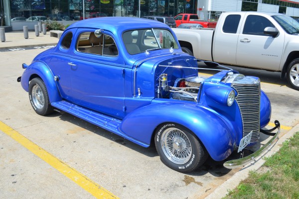 1938 chevy hot rod coupe, front quarter