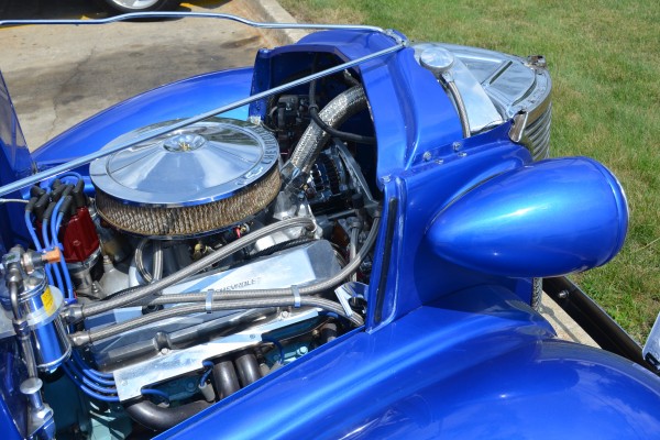small block v8 engine in 1938 chevy hot rod coupe