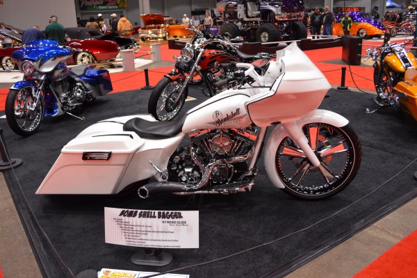 Customized white bagger style v-twin motorcycle