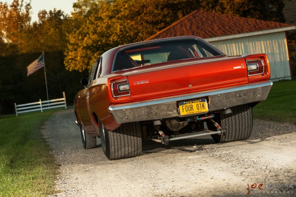 1968 Plymouth Roadrunner, rear view of bumper, tubs, and drag tires
