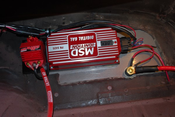 msd digital 6AL ignition box installed on a firewall