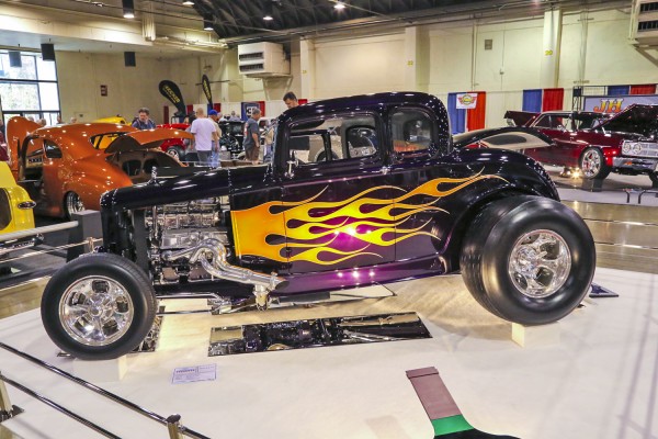 flamed ford five window hot rod coupe with a v8 engine