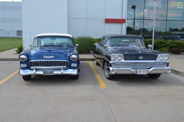 Mercury Meteor cloned into a ford ranchero next to a 1955 chevy
