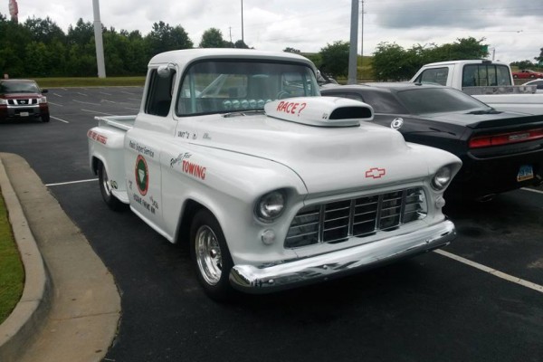 custom vintage chevy pickup truck with pro stock style hood scoop