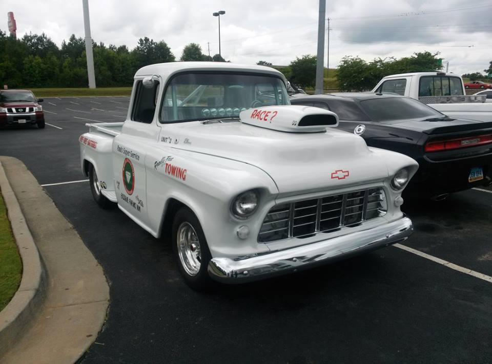 custom vintage chevy pickup truck with pro stock style hood scoop
