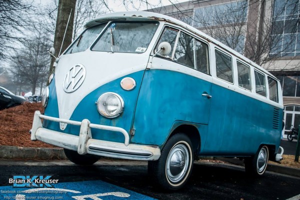 Blue and White VW Transporter Type 2 Hippie Bus