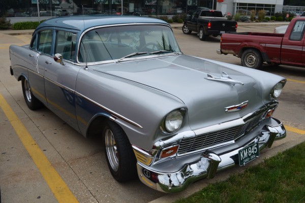 front quarter view of a 1956 Chevy Sedan bumper and headlights
