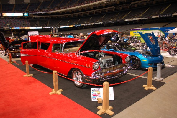 customized 1957 chevy turned into a limousine
