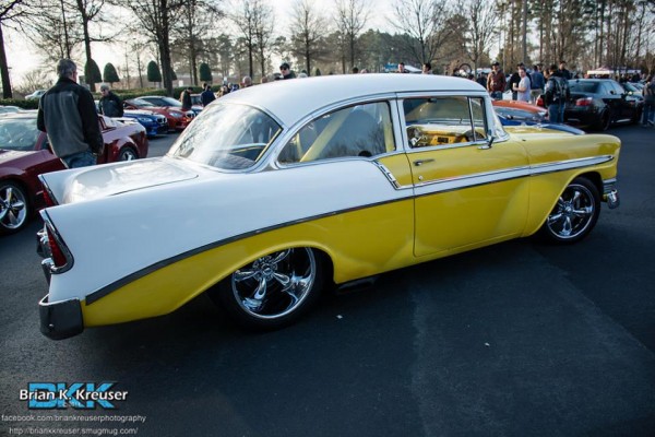white and yellow 1956 chevy coupe