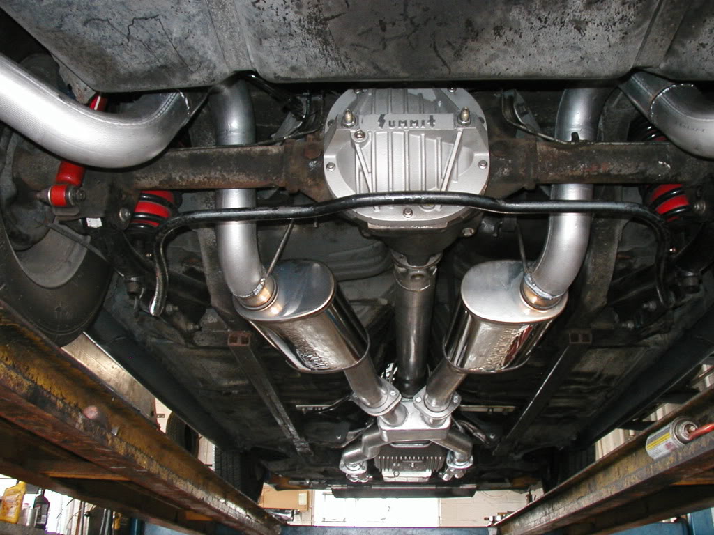 mufflers and exhaust system under a classic car