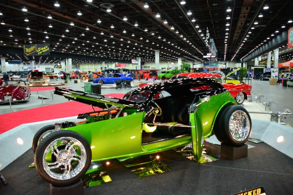 customized hot rod show car on display