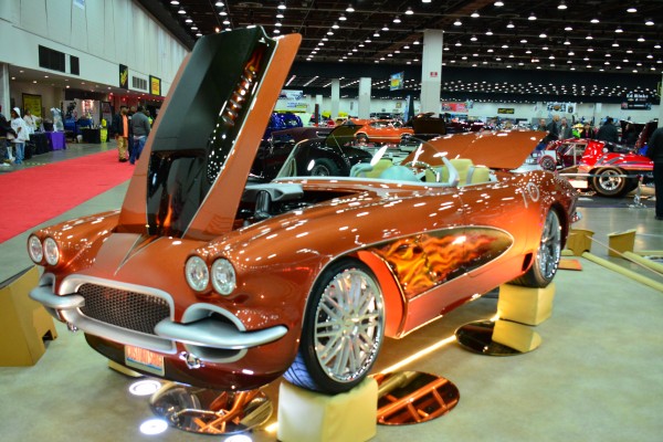 custom c1 corvette hot rod on display at indoor car show